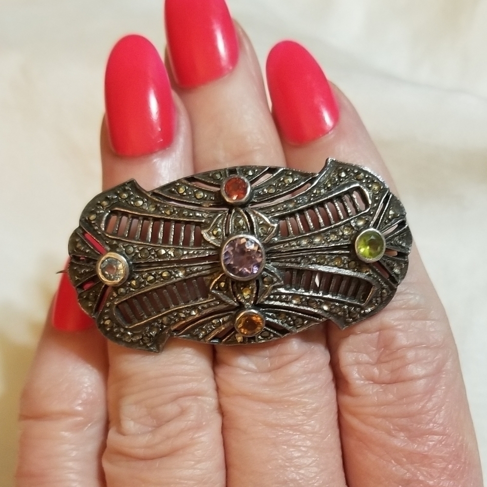 1930s Deco Sterling Filigree Gemmed Brooch